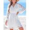 imageCUPSHE Women Elegant V Neck Lace Peasant Sleeve Summer Dress Elastic High Waist A Line Casual Wedding Guest Mini DressWhite
