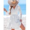 imageCUPSHE Women Elegant V Neck Lace Peasant Sleeve Summer Dress Elastic High Waist A Line Casual Wedding Guest Mini DressWhite
