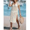 imageCUPSHE Womens Crochet Swim Suit Coverup Cap Sleeve Knit Loose Beach Cover Ups Side Split Midi DressBeige
