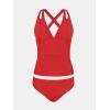 imageCUPSHE Womens Tankini Set V Neck Crisscross Adjustable Straps Cutout Two Piece Swimsuit Mid Rise RuchedCoral Red
