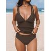 imageCUPSHE Womens Tankini Set V Neck Crisscross Adjustable Straps Cutout Two Piece Swimsuit Mid Rise RuchedDark Brown
