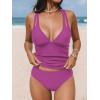 imageCUPSHE Womens Tankini Set V Neck Crisscross Adjustable Straps Cutout Two Piece Swimsuit Mid Rise RuchedDark Fuchsia