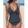 imageCUPSHE Womens Tankini Set V Neck Crisscross Adjustable Straps Cutout Two Piece Swimsuit Mid Rise RuchedGrey