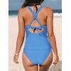 imageCUPSHE Womens Tankini Set V Neck Crisscross Adjustable Straps Cutout Two Piece Swimsuit Mid Rise RuchedSky Blue
