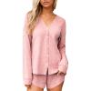 imageCUPSHE Ribbed Knit Long Sleeve and Short Pajama Sets 2 Piece Button Down Long Sleeve PJs for Women Soft LoungewearPink