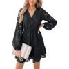 imageCUPSHE Women Elegant V Neck Lace Peasant Sleeve Summer Dress Elastic High Waist A Line Casual Wedding Guest Mini DressBlack