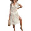 imageCUPSHE Womens Crochet Swim Suit Coverup Cap Sleeve Knit Loose Beach Cover Ups Side Split Midi DressBeige