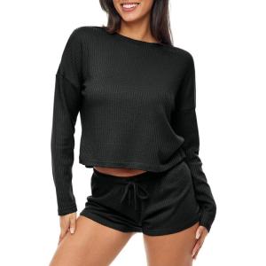 imageCUPSHE Ribbed Knit Long Sleeve and Short Pajama Sets 2 Piece Button Down Long Sleeve PJs for Women Soft LoungewearAblack