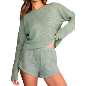 imageCUPSHE Ribbed Knit Long Sleeve and Short Pajama Sets 2 Piece Button Down Long Sleeve PJs for Women Soft LoungewearAgreen