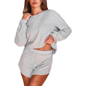imageCUPSHE Ribbed Knit Long Sleeve and Short Pajama Sets 2 Piece Button Down Long Sleeve PJs for Women Soft LoungewearAgrey