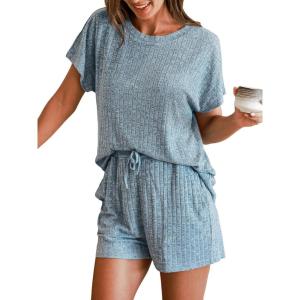imageCUPSHE Ribbed Knit Long Sleeve and Short Pajama Sets 2 Piece Button Down Long Sleeve PJs for Women Soft LoungewearCblue