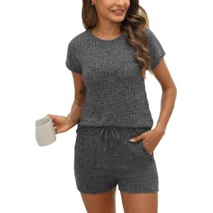 imageCUPSHE Ribbed Knit Long Sleeve and Short Pajama Sets 2 Piece Button Down Long Sleeve PJs for Women Soft LoungewearCgrey