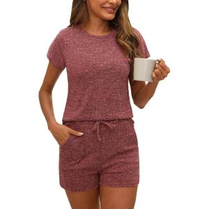 imageCUPSHE Ribbed Knit Long Sleeve and Short Pajama Sets 2 Piece Button Down Long Sleeve PJs for Women Soft LoungewearCred