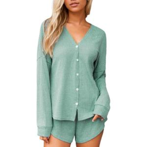 imageCUPSHE Ribbed Knit Long Sleeve and Short Pajama Sets 2 Piece Button Down Long Sleeve PJs for Women Soft LoungewearGreen