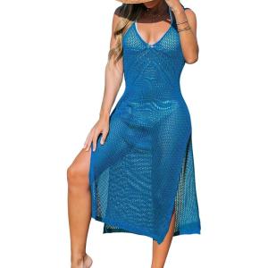 imageCUPSHE Women Crochet Swimsuit Cover Up Sleeveless Hollow Out Long Swimwear Coverup 2025 Split Mesh Beach DressBlue