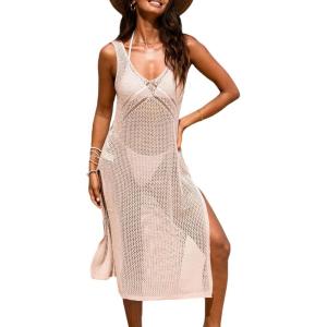imageCUPSHE Women Crochet Swimsuit Cover Up Sleeveless Hollow Out Long Swimwear Coverup 2025 Split Mesh Beach DressPink