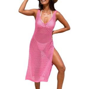 imageCUPSHE Women Crochet Swimsuit Cover Up Sleeveless Hollow Out Long Swimwear Coverup 2025 Split Mesh Beach DressRose Red