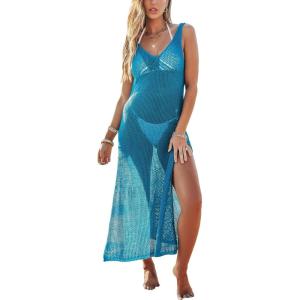 imageCUPSHE Women Crochet Swimsuit Cover Up Sleeveless Hollow Out Long Swimwear Coverup 2025 Split Mesh Beach DressTeal