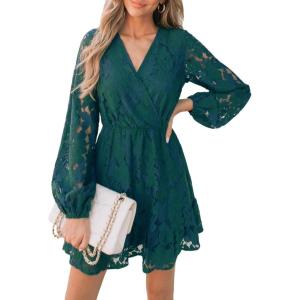 imageCUPSHE Women Elegant V Neck Lace Peasant Sleeve Summer Dress Elastic High Waist A Line Casual Wedding Guest Mini DressHunter Green
