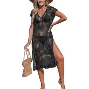 imageCUPSHE Womens Crochet Swim Suit Coverup Cap Sleeve Knit Loose Beach Cover Ups Side Split Midi DressBlack