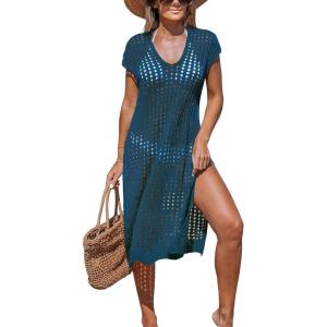 imageCUPSHE Womens Crochet Swim Suit Coverup Cap Sleeve Knit Loose Beach Cover Ups Side Split Midi DressBlue