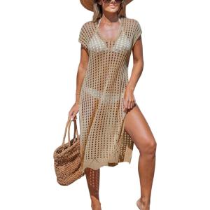 imageCUPSHE Womens Crochet Swim Suit Coverup Cap Sleeve Knit Loose Beach Cover Ups Side Split Midi DressBrown