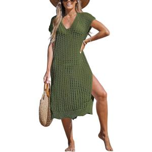 imageCUPSHE Womens Crochet Swim Suit Coverup Cap Sleeve Knit Loose Beach Cover Ups Side Split Midi DressGreen