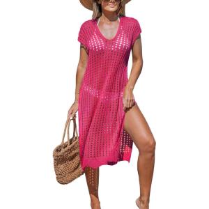 imageCUPSHE Womens Crochet Swim Suit Coverup Cap Sleeve Knit Loose Beach Cover Ups Side Split Midi DressRose Red