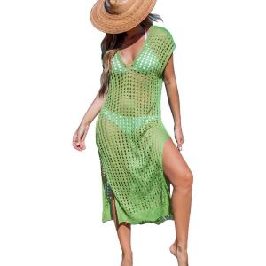 imageCUPSHE Womens Crochet Swim Suit Coverup Cap Sleeve Knit Loose Beach Cover Ups Side Split Midi DressSpring Green