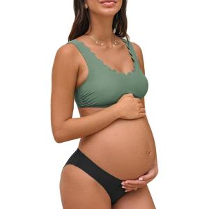 imageCUPSHE Womens Maternity Bikini Sets Pregnancy Swimsuit Low Rise Scalloped Scoop Neck Adjustable Straps Back HookOlive GreenBlack