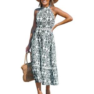 imageCUPSHE Womens Midi Dress Halter Paisley Sleeveless Cutout Waist Long Beach Boho Summer DressBlack Paisley