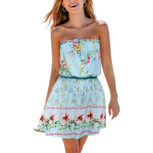 imageCUPSHE Womens Mini Dress Strapless Ruffled Sleeveless Floral Belted A Line Short Beach Summer Dresses 2025Mint Floral