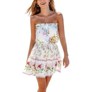imageCUPSHE Womens Mini Dress Strapless Ruffled Sleeveless Floral Belted A Line Short Beach Summer Dresses 2025White