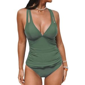 imageCUPSHE Womens Tankini Set V Neck Crisscross Adjustable Straps Cutout Two Piece Swimsuit Mid Rise RuchedForest Green