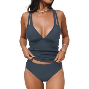 imageCUPSHE Womens Tankini Set V Neck Crisscross Adjustable Straps Cutout Two Piece Swimsuit Mid Rise RuchedGrey