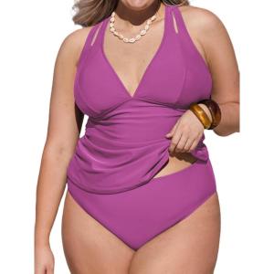 imageCUPSHE Womens Tankini Set V Neck Crisscross Adjustable Straps Cutout Two Piece Swimsuit Mid Rise RuchedPdark Fuchsia