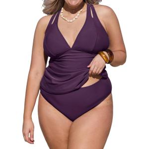 imageCUPSHE Womens Tankini Set V Neck Crisscross Adjustable Straps Cutout Two Piece Swimsuit Mid Rise RuchedPdeep Purple