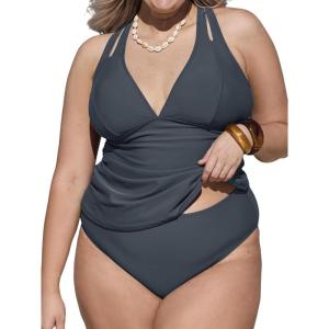 imageCUPSHE Womens Tankini Set V Neck Crisscross Adjustable Straps Cutout Two Piece Swimsuit Mid Rise RuchedPgrey