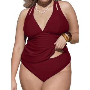 imageCUPSHE Womens Tankini Set V Neck Crisscross Adjustable Straps Cutout Two Piece Swimsuit Mid Rise RuchedPred