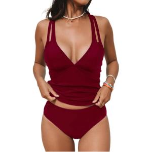 imageCUPSHE Womens Tankini Set V Neck Crisscross Adjustable Straps Cutout Two Piece Swimsuit Mid Rise RuchedRed