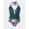 imageCUPSHE Tankini Bathing Suit for Women Halter Deep V Cowl Neck Low Back SwimsuitNavy Floral