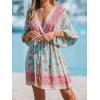 imageCUPSHE Women Casual Boho Sundress Summer Floral Print Tie Front Dress 34 Sleeves Paisley Beach Mini DressesBlue