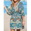 imageCUPSHE Women Casual Boho Sundress Summer Floral Print Tie Front Dress 34 Sleeves Paisley Beach Mini DressesDark Blue