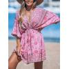 imageCUPSHE Women Casual Boho Sundress Summer Floral Print Tie Front Dress 34 Sleeves Paisley Beach Mini DressesDark Pink