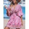 imageCUPSHE Women Casual Boho Sundress Summer Floral Print Tie Front Dress 34 Sleeves Paisley Beach Mini DressesDark Pink
