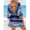 imageCUPSHE Women Casual Boho Sundress Summer Floral Print Tie Front Dress 34 Sleeves Paisley Beach Mini DressesNavy Blue