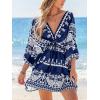 imageCUPSHE Women Casual Boho Sundress Summer Floral Print Tie Front Dress 34 Sleeves Paisley Beach Mini DressesNavy Blue