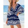 imageCUPSHE Women Casual Boho Sundress Summer Floral Print Tie Front Dress 34 Sleeves Paisley Beach Mini DressesNavy Blue