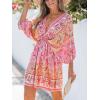 imageCUPSHE Women Casual Boho Sundress Summer Floral Print Tie Front Dress 34 Sleeves Paisley Beach Mini DressesPink