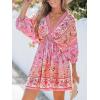 imageCUPSHE Women Casual Boho Sundress Summer Floral Print Tie Front Dress 34 Sleeves Paisley Beach Mini DressesPink